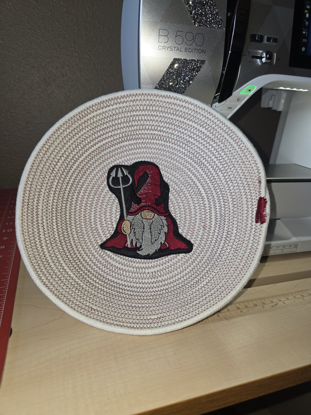 Handwoven Cream and Red Decorative Rope Basket with Gnome Embroidery